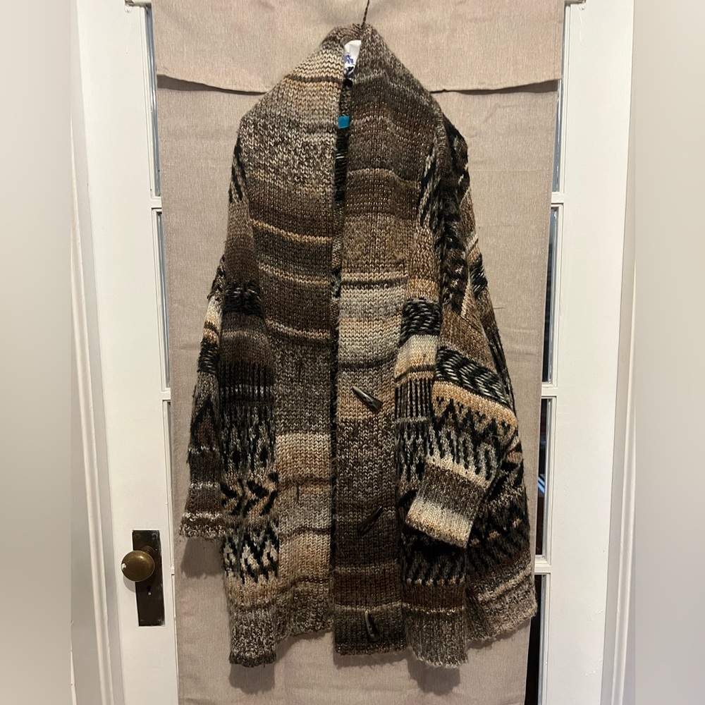 Pilcro Brown and Cream Patterned Wool Blend Cardigan